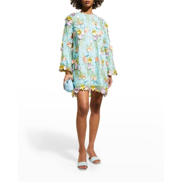 Mestiza Flora Blue 3D Floral Appliqué Flare Sleeve Cocktail Mini Dress Size M - Picture 2 of 16